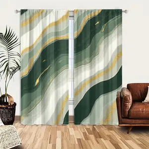 2pcs Window Curtains, Home Decoration Curtain, Abstract flowing design with wavy bands of rich green, sage, cream, and sparkling gold. Reminiscent of elegant marble or layered minerals.Window Drapes for Bedroom Living Room, Rod Pocket Window Treatment