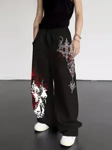 Men's Street Style Long Pants, High Street Dark Color Thorn Print Straight Leg Sweatpants, Loose Fit Casual Sporty Trousers, Leisure Sweatpants
