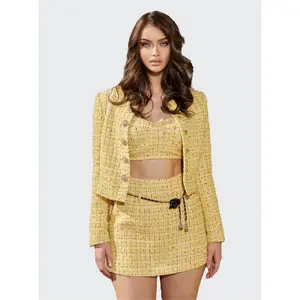 Luna- Three-Piece Yellow Tweed Set with Belt