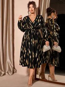 Plus Size Women's Print Long Sleeve Dress, Fitted V Neck Evening Party Gown, Luxurious American Style, All Seasons