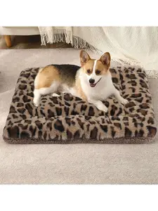 1pc Leopard Print Plush Pet Mat, Reversible Plush Pet Mat Ultra Soft Dog Cat Crate Mat Sleeping Cushion Pad Machine Washable