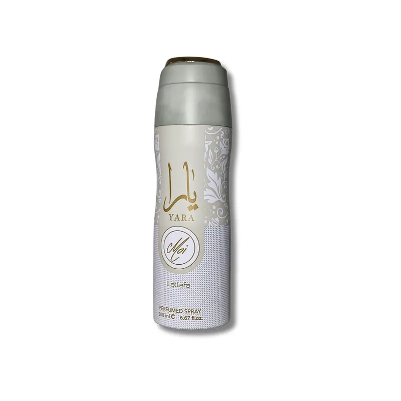 Lattafa Yara Moi Body Deodorizing Spray (6.67fl.oz/200ml) - Longwear Spray Deodorant for Adults with Normal Skin, Butane-Powered Perfumed Deodorant, Jasmine, Caramel, Peach, Cedarwood Scents, Cosmetic-Grade Cleanser Aroma