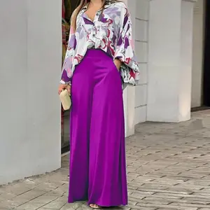 Women’s Spring Two-Piece Set – Loose, Elegant, Casual Printed Shirt Top + Wide-Leg Pants, Comfortable Elastic Modal Fabric