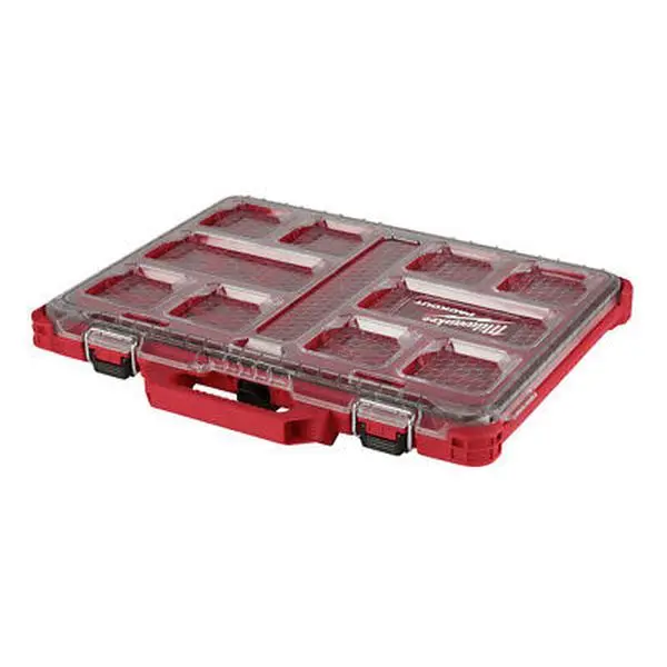 Milwaukee Electric Tool Packout Low Profile Plastic Organizer - 10 Removable Bins, Heavy-Duty Latch, Impact-Resistant Polymers, Reinforced Hinge, Integrated Center Slot, Weather Seal, IP65 Rating, Slim Design for Tool Organization