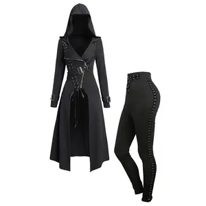 DRESSLILY Matching Sets Punk Gothic Hooded Coat and Buckle Grommet Waist Long Pants Outfit Lace Up Zip Overcoat Trench Longline Outwear and Black Pants Suits
