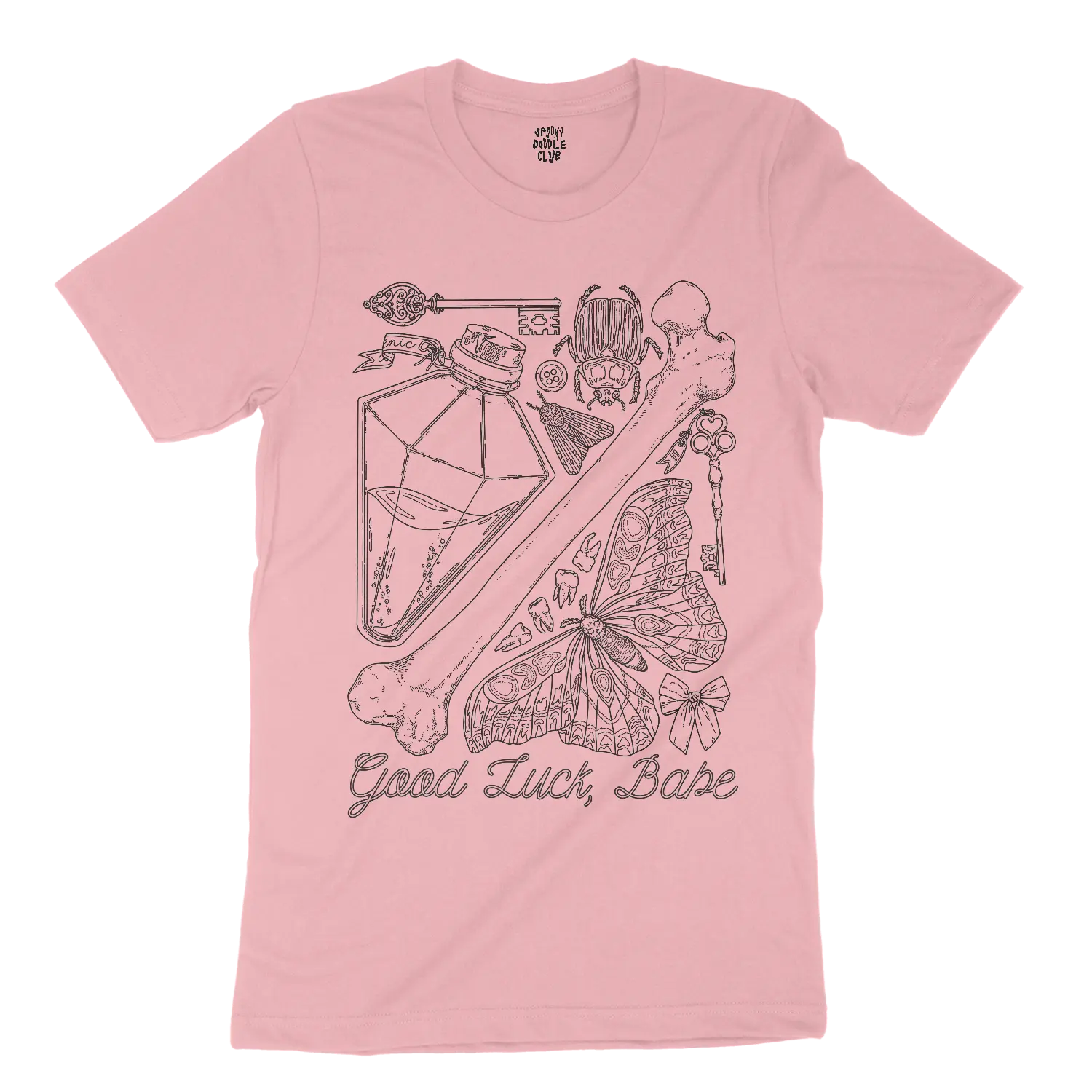 GOOD LUCK BABE Chappell Roan Trinket Shirt - Cute Short Sleeve Tee, Chappell Roan Merch, Curio Collection Trinket Lover T-Shirt, Spooky Sweet Moths Bugs Bones Teeth Vintage Illustration