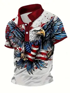 Men's Summer Short Sleeve Golf Shirt with American Flag Eagle Print, Comfortable Business Casual Top, Fitted H-Type Design, Casual Golf Polo