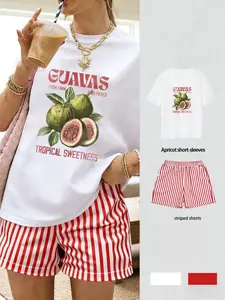 Women's Casual Everyday Short Sleeve T-Shirt and Shorts Set, Summer, Y2K Tropical Fruit Pattern Print, Loose-Fitting Mid Waist, Comfortable Breathable Fabric