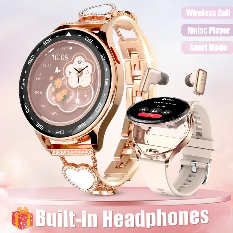 EIGIIS Multifunctional Wireless Smartwatch (Waterproof Sport Watch), 1.39'' HD Screen Wearable, Bluetooth Connectivity Smart Watches with Earphones, Shell Strap, Wireless Calls, Music Player, Magnetic Charging for iOS Android (Holiday Gifts)
