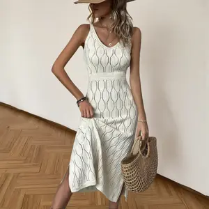 Women's summer and autumn casual knitted blended V-neck solid color crochet open top dressRAIMENTRY