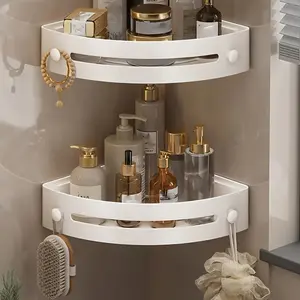 2 Count Wall-Mounted Curved Shower Rack - Rust-Proof Plastic, Space-Saving Corner Design for Shampoo, Cosmetics & Hygiene Storage, No-Drill Installation, Ideal for Small Bathrooms, Bathroom Organizer Supplies, White Finish, Shower Caddies