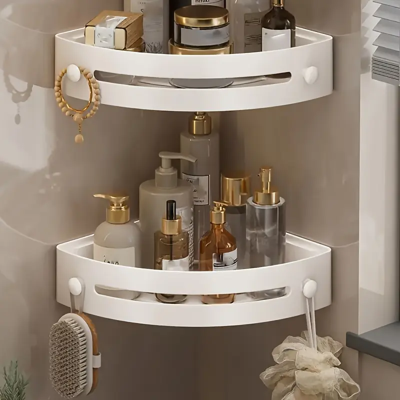 2 Count Wall-Mounted Curved Shower Rack - Rust-Proof Plastic, Space-Saving Corner Design for Shampoo, Cosmetics & Hygiene Storage, No-Drill Installation, Ideal for Small Bathrooms, White Finish, Shower Caddies, Bathroom Shower Organizers