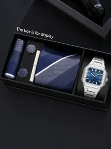 6pcs High-End Watch Gift Box Set, Square Blue Dial Silver Color Steel Band, Includes Tie, Cufflinks, and Tie Clip, Business Elegant Style