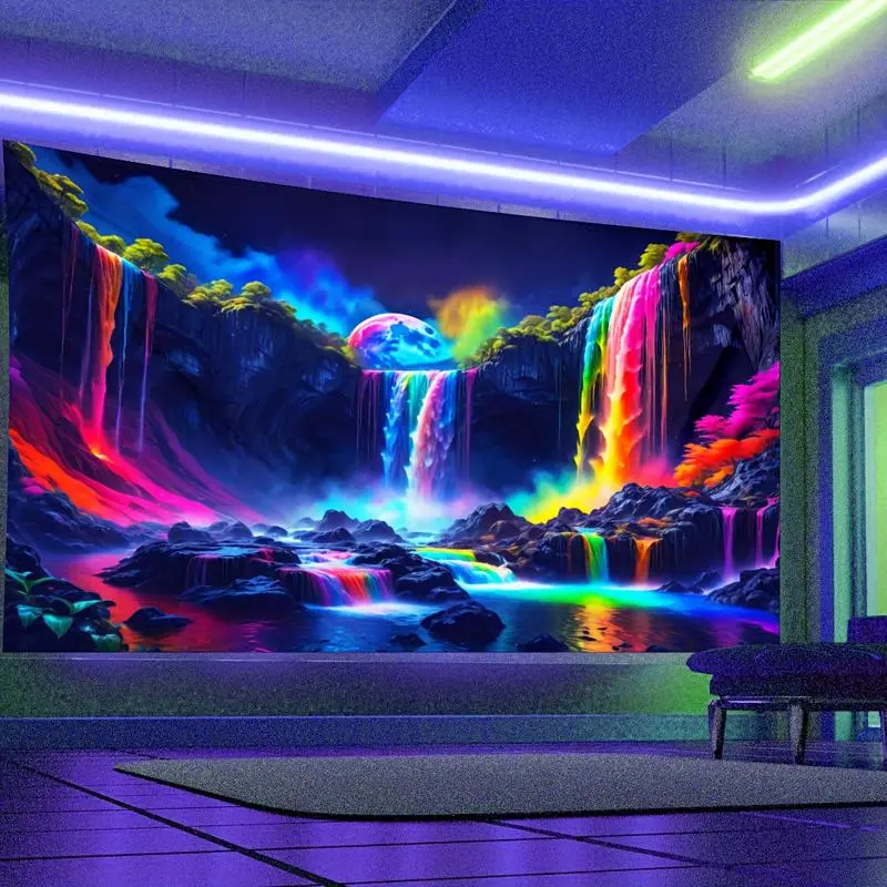 UV Blacklight Reactive Polyester Tapestry - Vibrant Waterfall Rainbow Forest Nightscape, Galaxy Nature Landscape Wall Hanging with Color Retention for Home Decoration
