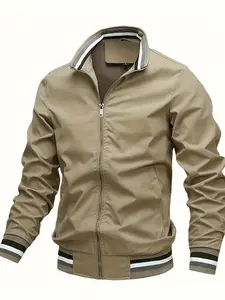 Men's Casual Sporty Fitted Jacket, Classic Spring Plain Baseball Style, Loose Zipper Design, Long Sleeve, Suitable for Hiking & Leisure Wear