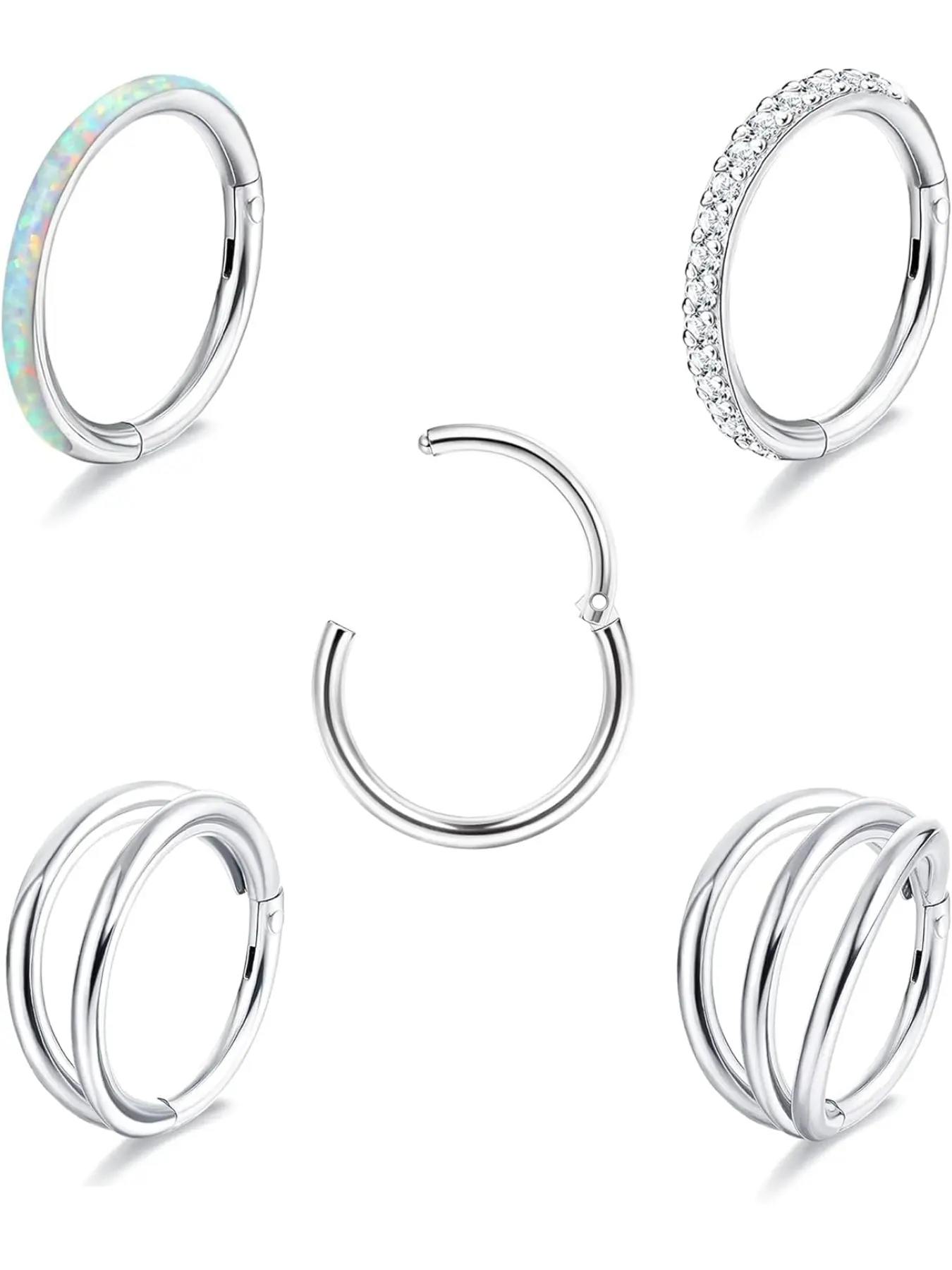 18G 16G Nose Rings Hoop for Women Men 316L Steel CZ Opal Hinged Lip Nose Rings Daith Cartilage Hoop Earrings Clicker Septum Piercing Jewelry 8mm 10mm Spiral Nose Ring