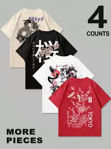 Men's Tokyo Dragon Cherry Blossom Print Round Neck Short Sleeve T-Shirt, Casual Streetwear Top, Comfortable Summer Outdoor Wear, Soft Easy Care Fabric