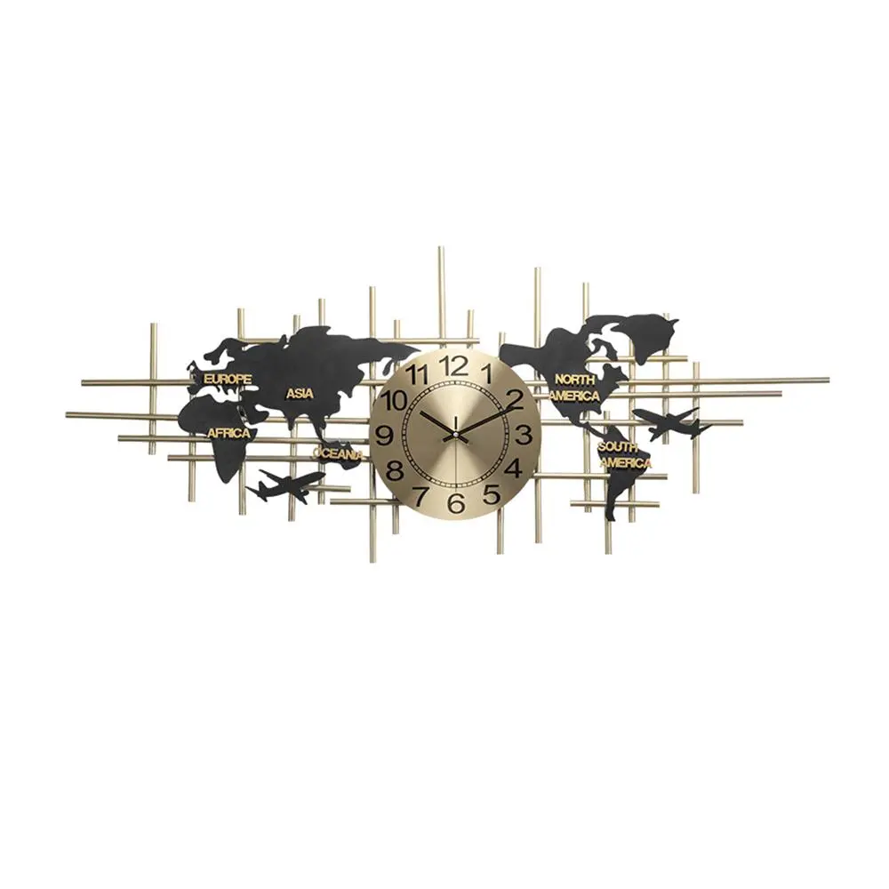 Homary Chic Oversize Handmade Irregular Iron Travel-Inspired Quiet Wall Clock - 37.8in W x 16.9in H, Battery-Powered, Low-Power, Gold-Tone Arabic Num. Magnetic Rotation, Indoor Home Decoration for Living Room