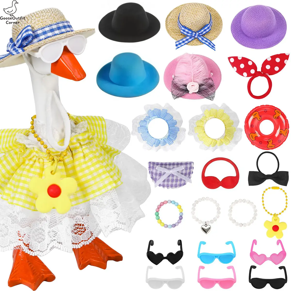 22pcs 7-In Felt and Plastic Mini Desk Goose Summer Outfits Set, Including Felt Hat, Necklace, Dresses, Sunglasses, for Magnetic Porch Geese Key Holder Decoration, Creative Play Gift, Felt+Plastic