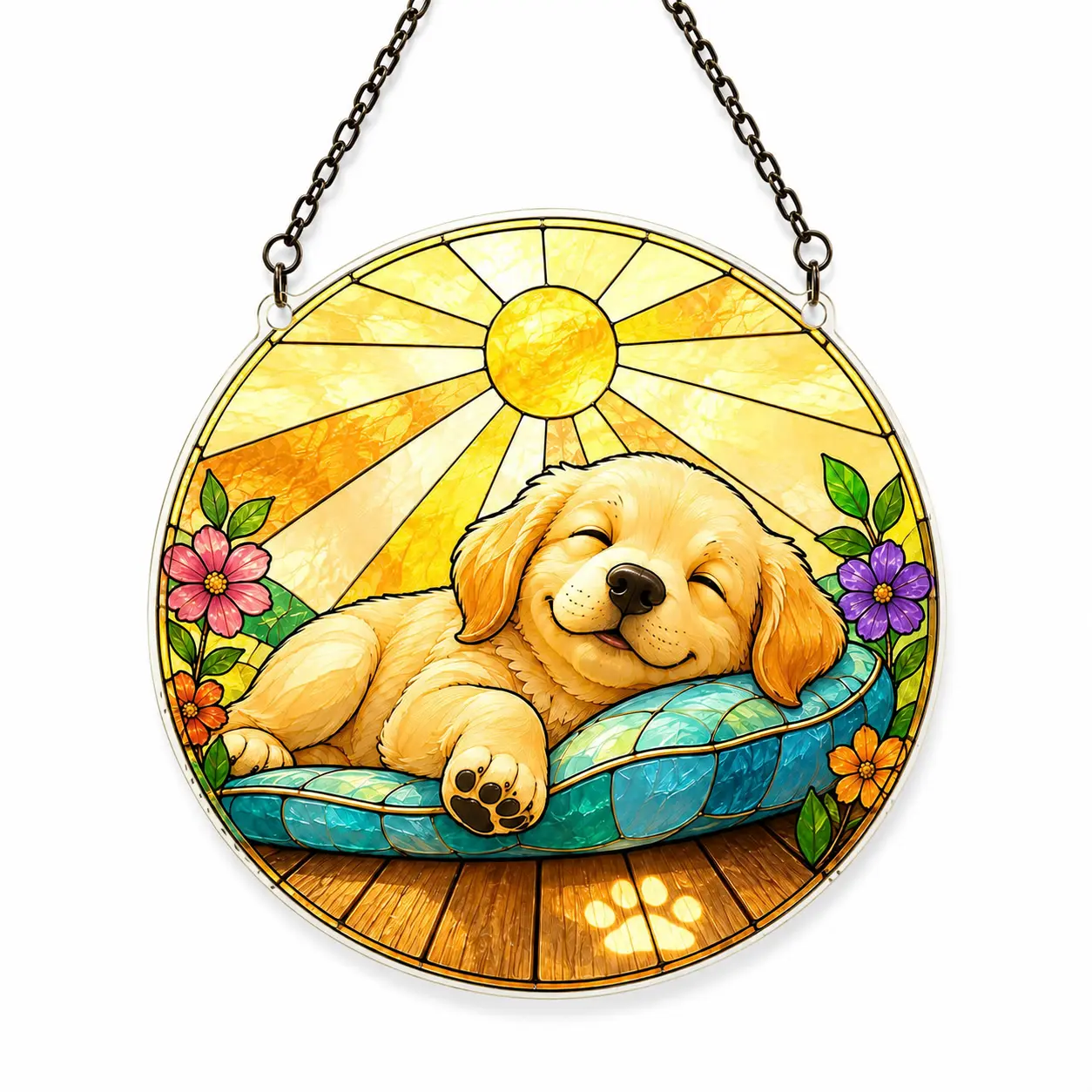 Golden Retriever Puppy Suncatcher, Acrylic Stained Glass Style Window Hanging Decor, Sleeping Dog Sun Catcher, Colorful Floral Pet Lover Gift, Cute Dog Window Ornament, Home Decor Gift for Dog Lovers