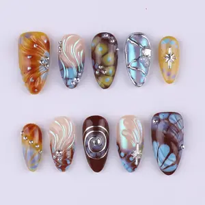 Free Style Press On Nails with Brown & Blue Abstract Swirl | Chrome Fake Nails in Medium Almond | Handmade Nail Art for Statement Looks