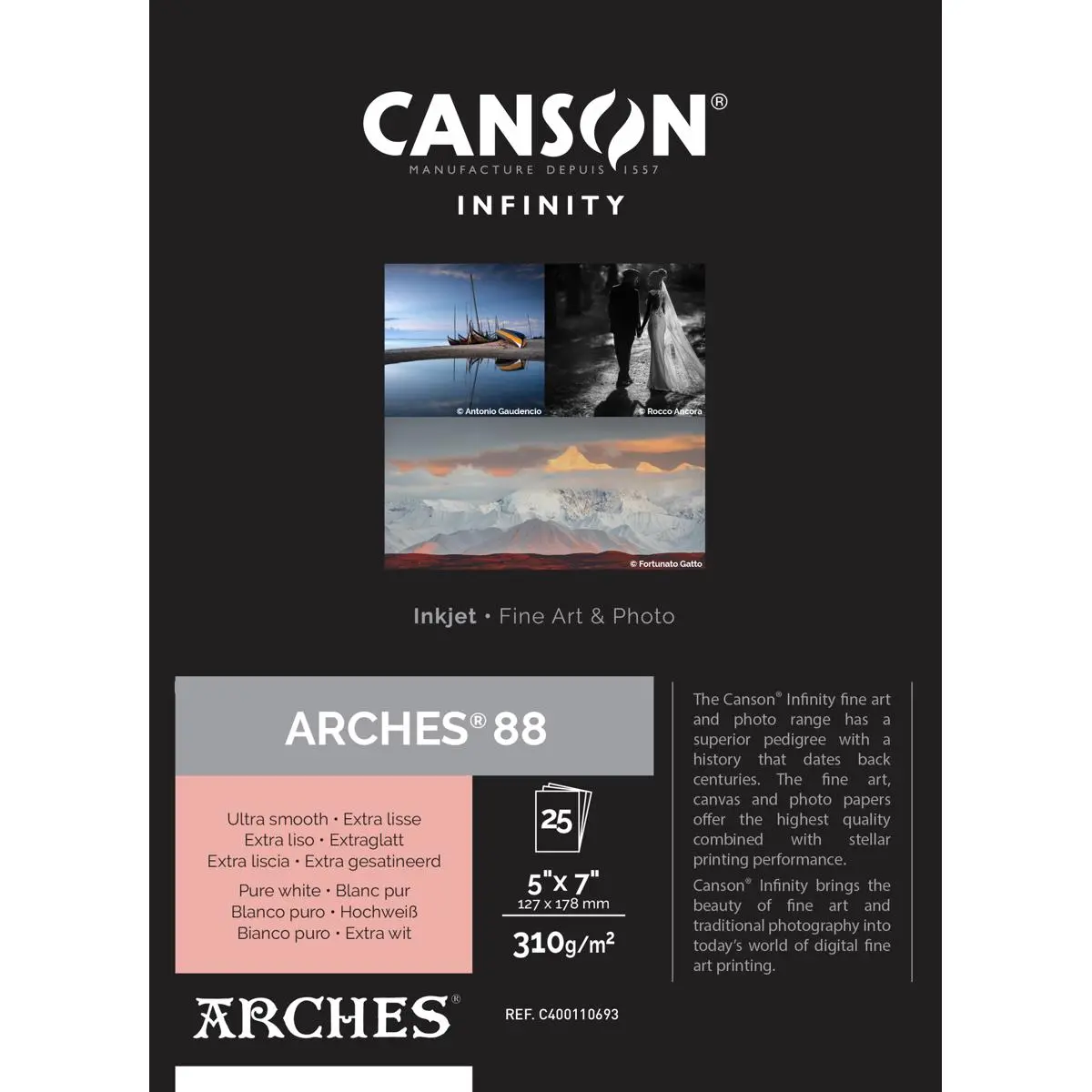 Canson Infinity ARCHES 88 Pure White Matte Inkjet Paper, 5x7", 25 Sheets