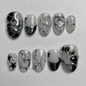 Cool White Silver Chrome Press On Nails, Handmade Gel Acrylic Fake Nails Lilynailart Style Fake Nails