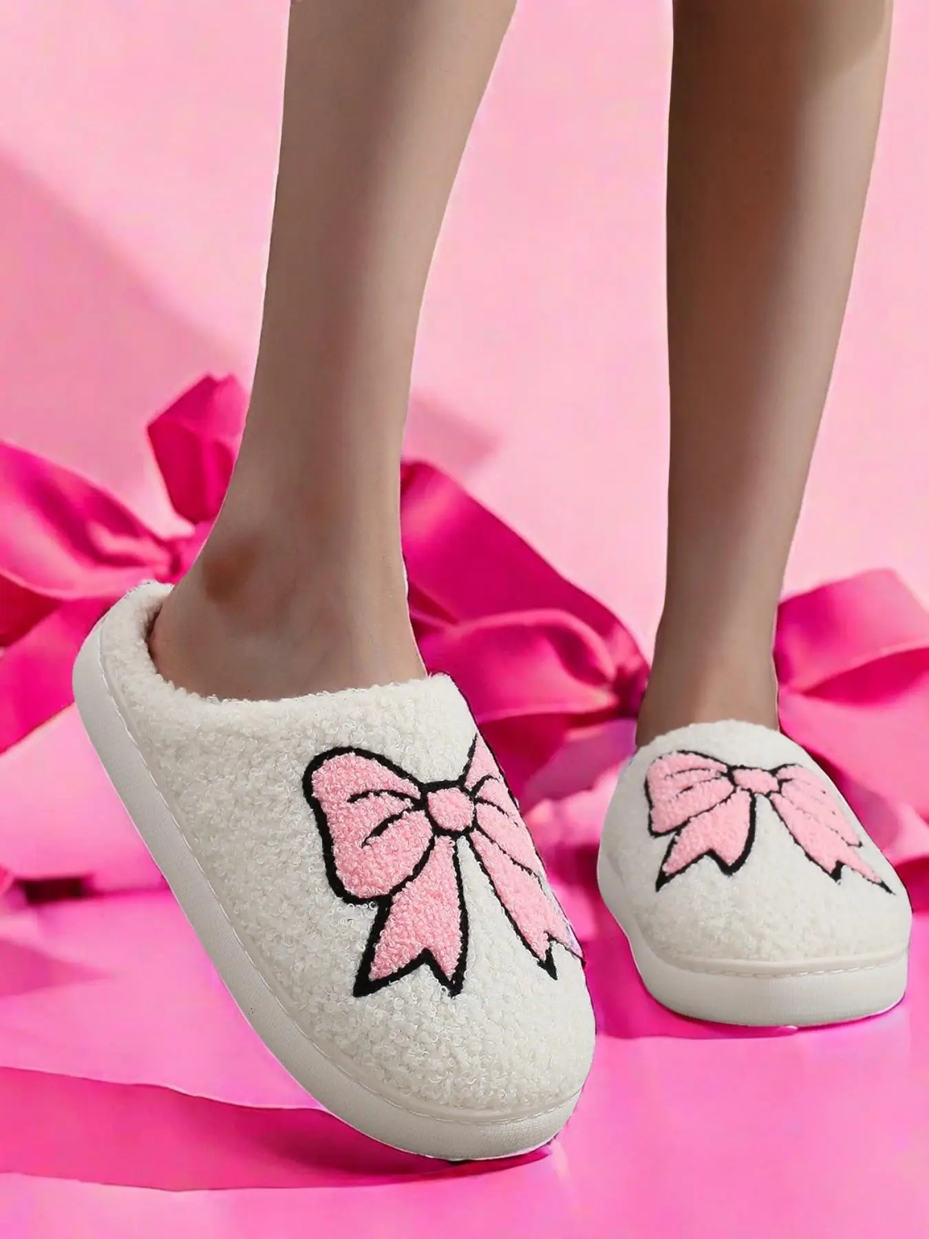 Women's Cute Cartoon Bowknot Pattern Plush Slippers, Casual Soft Comfortable Home Slippers, Warm Slippers for Indoor & Outdoor Use for Fall & Winter,