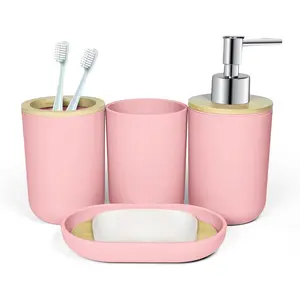 4-piece Pink Bathroom Accessories Set, Pink Bamboo Bathroom Accessories, Plastic Soap Dispenser and Toothbrush Holder Set, Soap Tray and Mouthwash Cup, Bohemian Style Bathroom Decoration, Bathroom Set