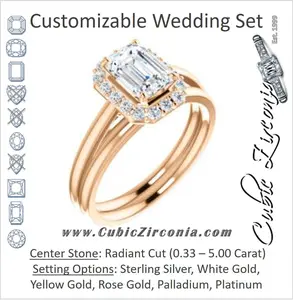 CZ Wedding Set, featuring The Tyra engagement ring (Customizable Cathedral-set Radiant Cut Style with Halo, Decorative Trellis and Thin Band)