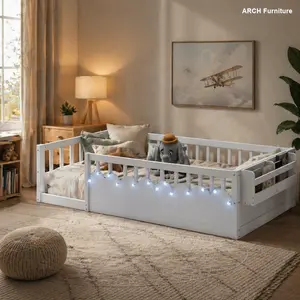ARCH Twin Montessori Floorbed - Solid Pine Children's Furniture Bed Frame with High Rails, LED Lights, Storage Shelf, White (Expected Arrival Date 2025/8/15) Toddler Bed Swing Bed