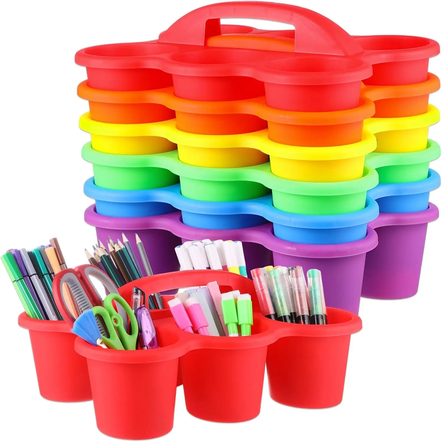 6 Pack Classroom Caddy Organizer with Handle Colorful Plastic Table Caddy 12×9×3.5 Inches 6 Compartment Storage Holder for School Supplies Crayon Pencil Marker Craft