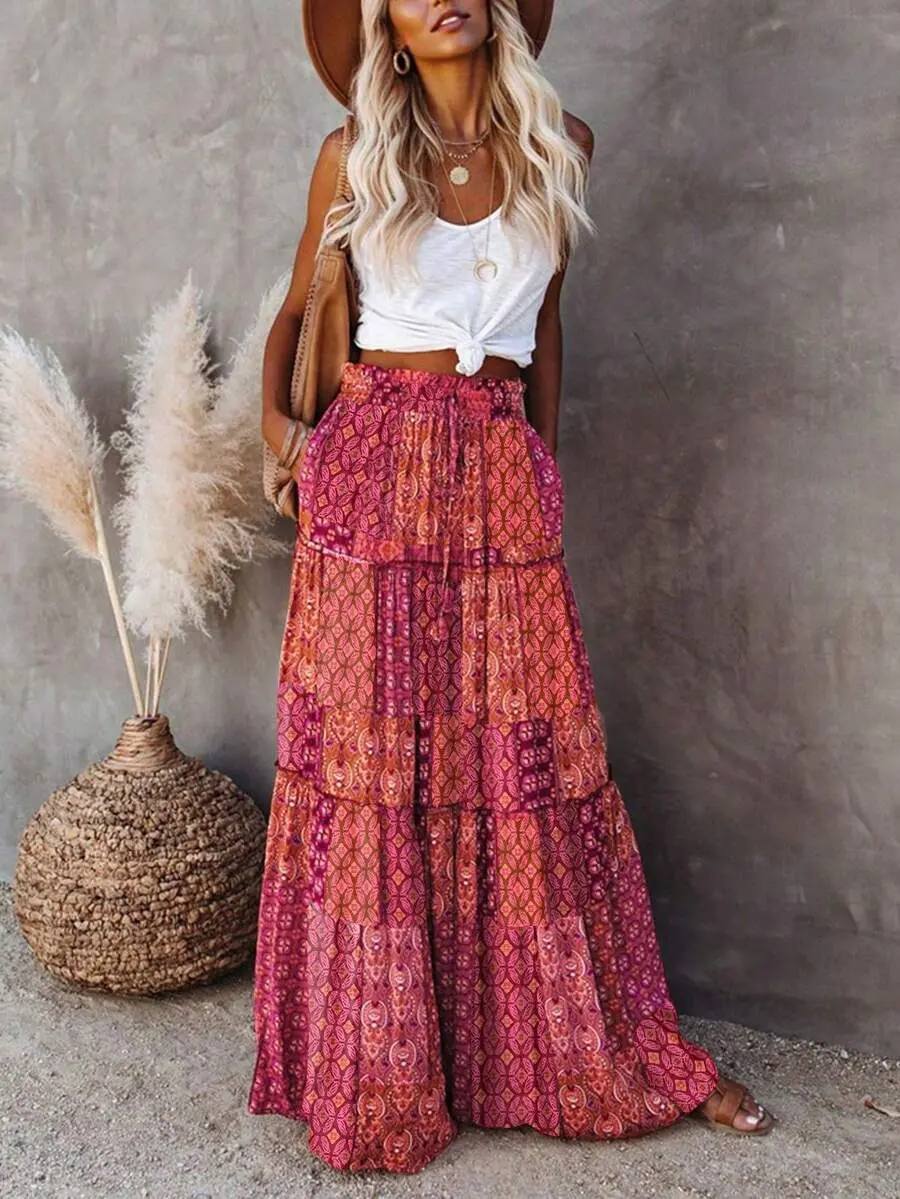 CANDYS Women's Loose Casual High Waist Skirt, Elegant Bohemian Style Color Block & Floral Print Patchwork Lace Hem Mid-Length Skirt, Spring & Summer