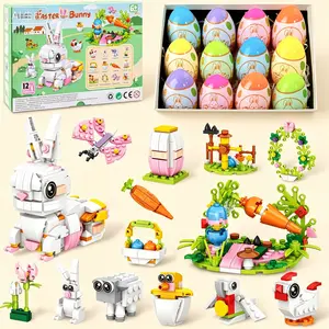 Prefilled Easter Eggs with 12 Packs Bunny Building Blocks Sets – 12 in 2 Easter Basket Stuffers Building Toys, Includes Rabbit, Butterfly, Carrot, Flower, Party Favors Gifts for Kids Boys Girls 6+