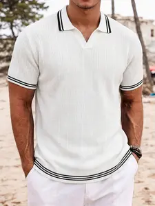 Men's Premium Knit Polo Shirt - Polo Collar V-Neck Placket Waffle Textured with Contrast Tipping Short Sleeve Lightweight Breathable Summer Casual Wear