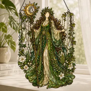 Sun Moon Forest Goddess Suncatcher, Green Stained Glass Style Window Decor, Botanical Witch Hanging Gift for Her