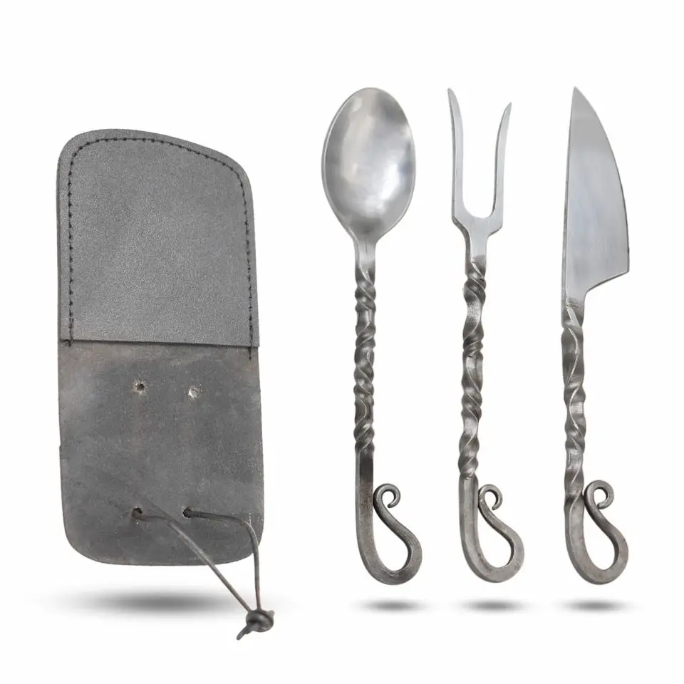 Medieval Warrior 3-Piece Rustic Stainless Steel Cutlery Set - Forks Spoons and Knives, Metal Utensils, Hand-Forged Dishwasher Safe Campfire Travel Kit, Twisted Handles, 2-Tines Meat Fork, Genuine Leather Pouch (OR-6126)