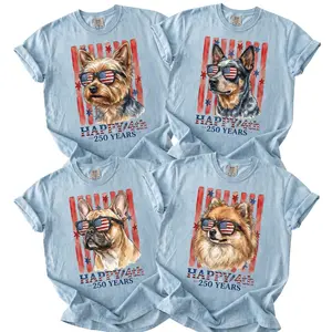 Comfort Colors Chambray 4th of July 250 Years Dog Breeds Unisex T-Shirt, Patriotic Dog Tee, American Flag Goldie Shir, Custom Dog Breeds Shirt