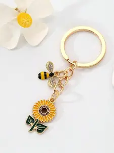 Cute Bee & Sunflower Design Keychain, 2024 New Style Creative Oil Drip Zinc Alloy Key Ring, Backpack Ornament, Universal Car/Bag Decoration, Gift for Friends