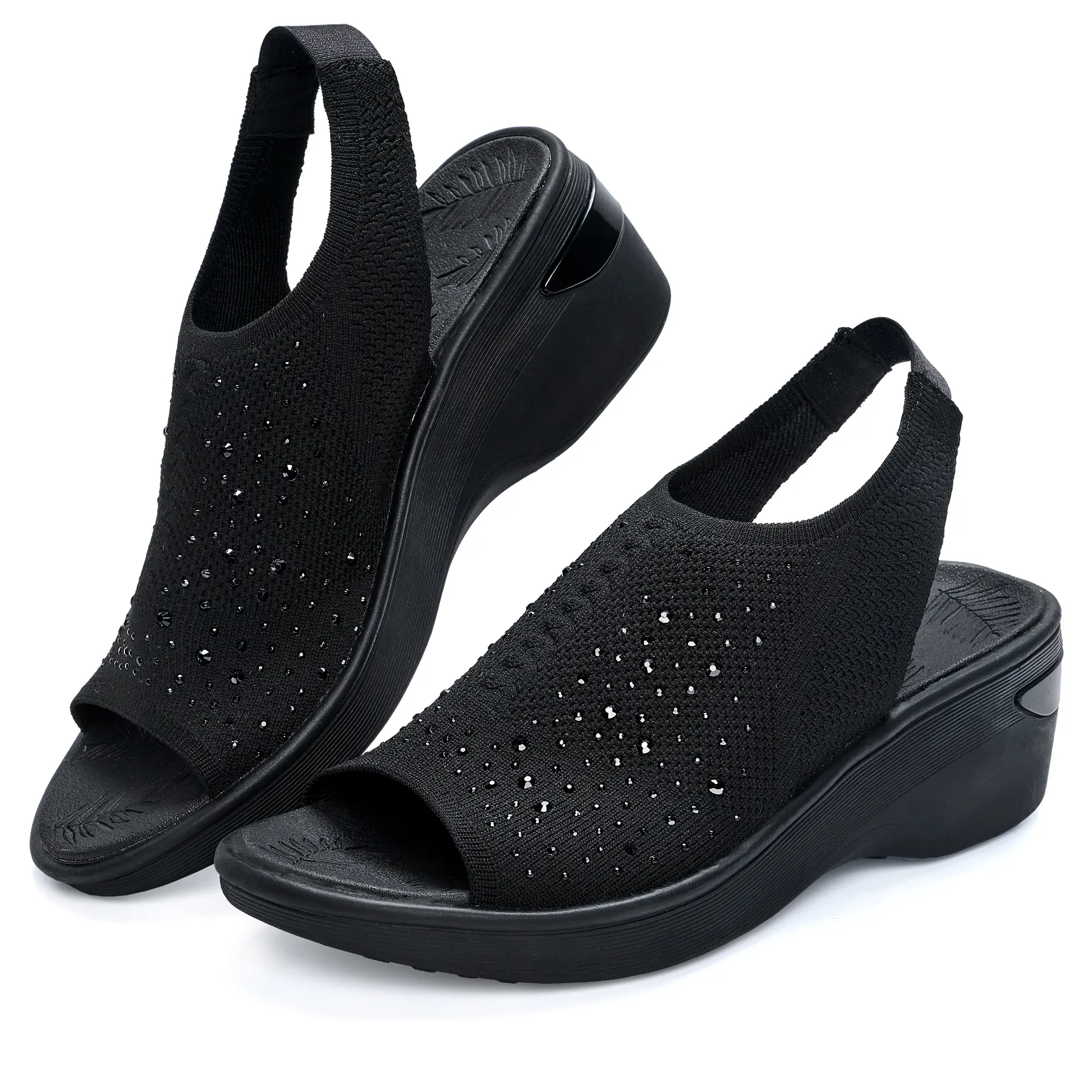 Women's Rhinestone Fly-Knit Wedge Sandals, Ultra Light Breathable Knit Platform Sandals with Adjustable Heel Strap, Soft Shock Absorption & Arch Support Insoles, Non-Slip Wear-Resistant Casual Shoes for All-Day Comfort