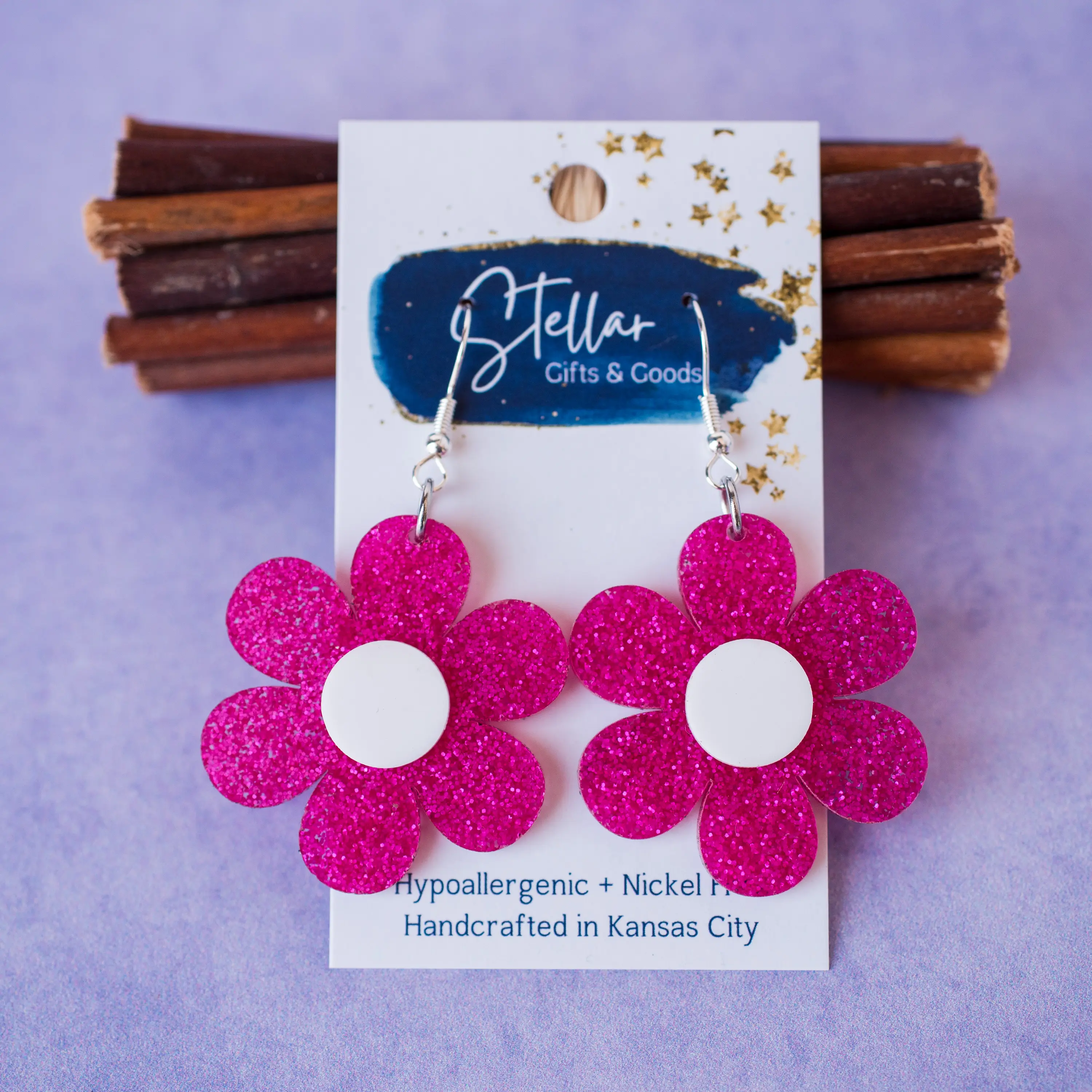 Fuchsia Glitter Daisy Dangle Earrings