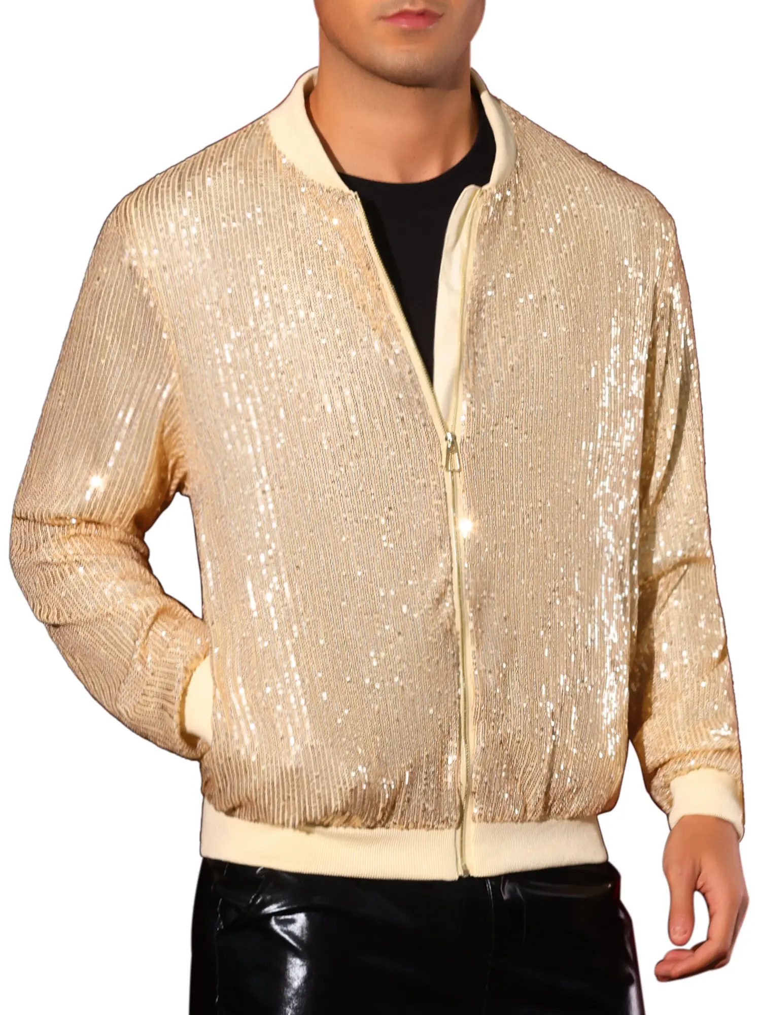 INSPIRE CHIC Sequin Varsity Jacket for Men's 70s Disco Zipper Party Glitter Shiny Bomber Jackets