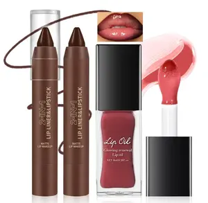 HOSAILY Nourishing Glowing Lip Oil with 2 in 1 Ombre Lip Liner Lipstick Set, Moisturizing High Shine Renewal Lip Gloss for Women, Smooth Long Wear Plumping Rose Pink Lip Tint Lip Crayon Combo Makeup