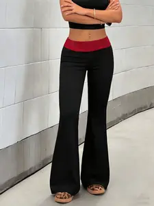 A pair of women's black splicing high-waist casual versatile waist-cinching flared trousers, suitable for summer, suitable for daily casual, home wear.