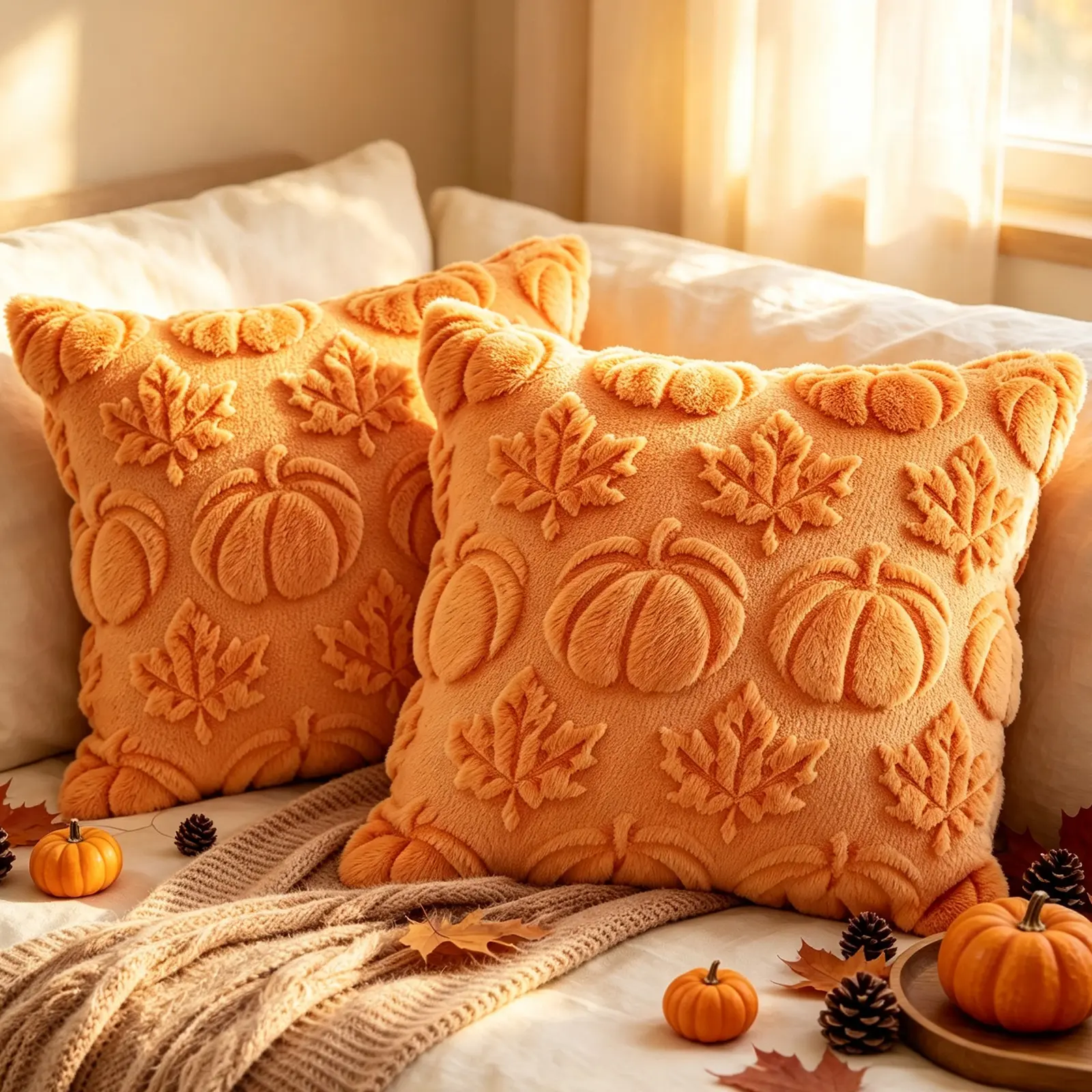 Set of 2 18x18 in Square Contemporary Polyester Pumpkin Throw Pillow Covers, Soft Plush Faux Fur Jacquard Cushion Covers, Fall Maple Leaf Decor for Sofa Couch (Thanksgiving Harvest Themed Home Festive Decor), Cushion Cover