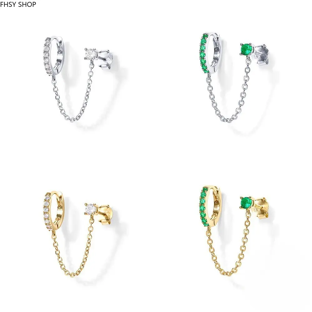 Edgy Ear Jewelry Stacks - 4pc Women's Silver/Gold Tone Chain Link Huggie Hoop & Stud Set for Double Piercings with Synthetic CZ & Emerald Crystals, Earring Stacks, Stud Earrings, Cz Crystals, Unisex, Basic