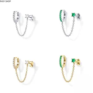 FHSY SHOP Chain Link Double Piercing Earrings Silver/Gold Tone Huggie Hoop & Stud Combo with CZ/Emerald Crystals for Women, Everyday Wear, and Edgy Style