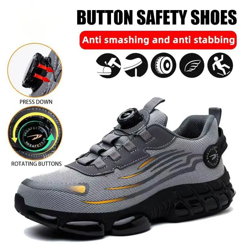 Men's Lace Up Low Top Anti Piercing & Anti Smashing Safety Shoes with Rotating Button, Casual Comfortable Breathable Contrast Mesh Work Shoes, Contras