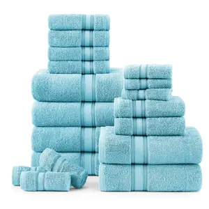 LANE LINEN Luxury 18-Piece Solid Cotton Bathroom Towel Set - 6 Bath Towels, 6 Hand Towels, 6 Wash Cloths - Blue