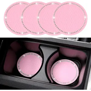 4 Pack Bling Coasters For Car, 2.75 Inch Bling Crystal Rhinestone Diamond Soft Rubber Pad Set Round Auto Cup Holder Insert Drink Coaster, Interior Accessories For Car (Pink New)